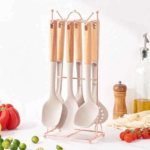 Küchenhelfer Set 7 Teiliges Silikon Kochutensilien Kochbesteck Set Bpa Frei Hitzebeständiger Kochgeschirr Mit Utensilienhalter Antihaft Kochset Pfannenwender Mit Holzgriffen Spülmaschinenfest ,Beige