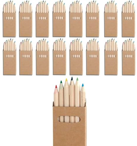 25 Cajas de 6 lápices de colores en madera. En caja de cartón natural con ventana. Regalos cumpleaños niños y niñas, detalles para colegios fiestas o eventos infantiles restaurantes y hoteles. (25)