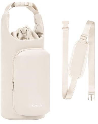 Ceneda Bolsa de transporte para botella de agua con bolsillo para teléfono, 32 onzas, 40 onzas, soporte aislado para botella de agua con correa ajustable para el hombro, beige, Clásico