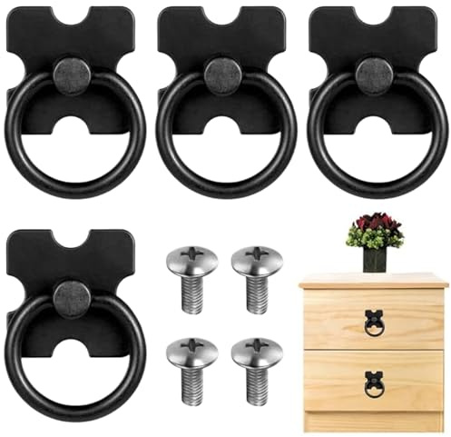 AUTUUCKEE 4 pcs Drawer Handles and Ring Pull, Decorative Furniture Door Drawer Handles and Ring Pull with Screws, Vintage Metal Drawer Knobs Pulls Handles Used for Wardrobe Cupboard Cabinet(Black)