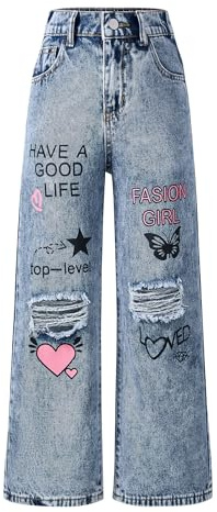 Happy Cherry Pantalones Vaqueros para Niñas con Pierna Ancha Moda Desgastados y Rotos Jean Elástico Cintura Azul Denim Pantalón Ancho con Bolsillos, Azul oscuro., 11-12 Años