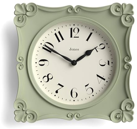 Jones Clocks® Rialto wall clock | Ornate square clock | 25cm | Sage green | Vintage style ideal for the living room or bedroom
