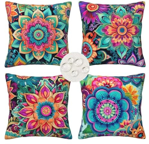Outdoor Cushions 35cm x 35cm Set of 4 Waterproof Boho Cushion Covers Square Decorative Pillows Flowers Throw Pillow Case with Invisible Zipper for Outdoor Garden Patio Couch Bench 14x14 Inches -LI26