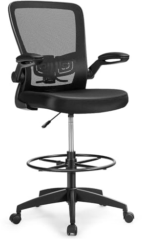 GYMAX Silla de Dibujo Alta, Silla Ergonómica para Escritorio con Apoyabrazos Plegables y Reposapiés Ajustable, Silla de Oficina con Respaldo de Malla Transpirable y Soporte Lumbar para Oficina, Casa