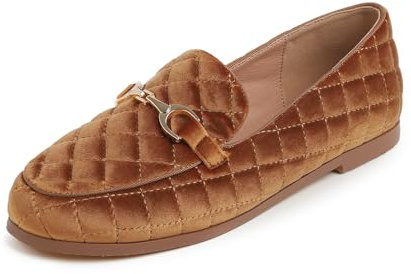 Feversole Women's Fashion Comfortable Penny Loafer Buckle Dressy Shoes Camel Velvet Quilted Size UK 8