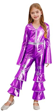 Riismen Traje De Baile Metálico Para Niñas Mono Con Volantes Disfraz De Discoteca Traje Completo Manga Larga Vestuario Baile Los Años 70 Para Actuación Púrpura 7-8 años