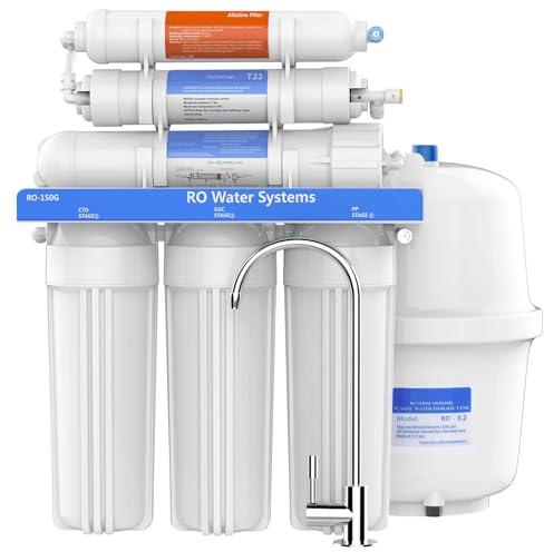 Sistema di filtraggio ad osmosi inversa a 6 stadi con filtro alcalino pH+, sistema di addolcimento dell'acqua con grande flusso per uso domestico, acquario (Ro-150)