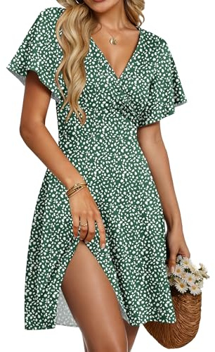 PLMOKEN Sommarklänning för damer, kort omlottklänning, damer, sommar, empire-midja, kortärmad strandklänning, luftig, flytande klänning med v-ringning, blomma och fickor