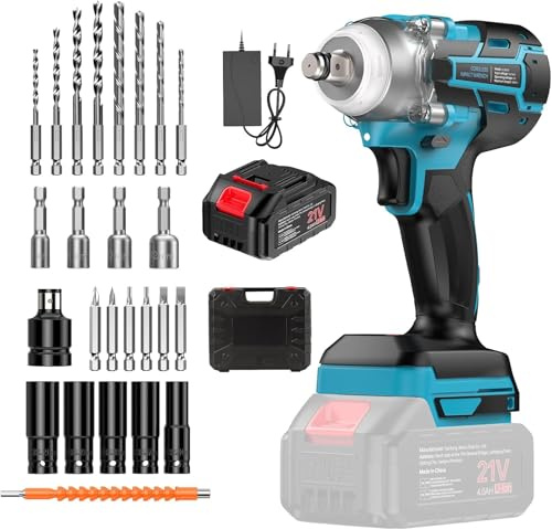 Llave de Impacto a 21V, Motor Sin Escobillas 300Nm 1/2, Batería 4.0Ah, para Cambio Neumáticos Coche y Montaje, Cargador Rápido + 26 Accesorios en Maletín