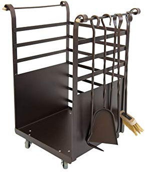 Design – Carro para leña de hierro con ruedas, capacidad de carga de 200 cm, con herramientas