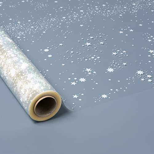 PAKOT | Bobina Papel Celofán Transparente Estrellas Blancas Navidad - Rollo 70 CM X 50M - Ideal Cestas, Regalos y Flores