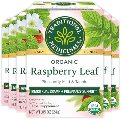 Traditional Medicinals Organic Raspberry Leaf Tea, Supports Healthy Pregnancy and Soothes Menstrual Cramps, (Pack of 6) - 96 Tea Bags Total