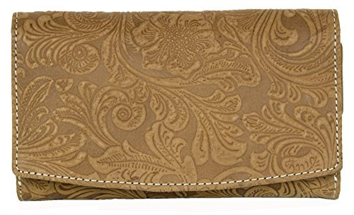 Damen Hellbraunes Naturleder Portemonnaie - Brieftasche mit ornamentalen Blumenprägung