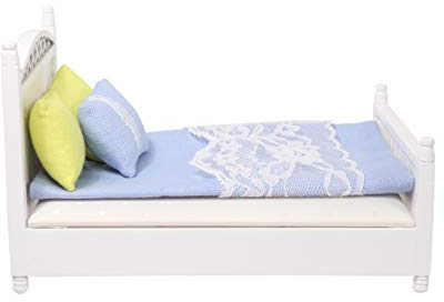 Dollhouse Furniture Small Bed Toy Set, Pillow, Realistic Bedroom Accessories for 6 inch Dolls, Wood Frame, 1/12 Scale (Blue Bedding)