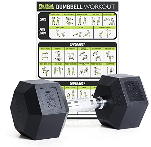 PhysKcal Hexagon Hanteln Poly-Gummierte | 15 kg 1 Stück | Rutschsicher Ummantelt | Ergonomische Verchromte Griffe | Kurzhantel-Set | Dumbbells Set