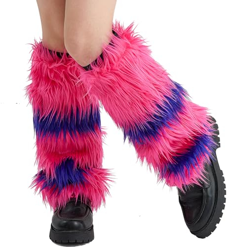 YILEEGOO Womens Faux Fur Fuzzy Leg Warmers Warm Fuzzy Rainbow Boot Sleeves Boot Covers Cuff Fluffy Rave Music (A Blue Pink, One Size)