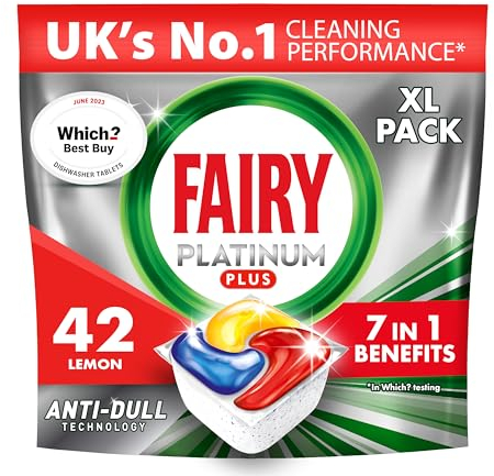 Fairy Platinum Plus Dishwasher Tablets – 42 Pack, Lemon, Anti-Dull Technology