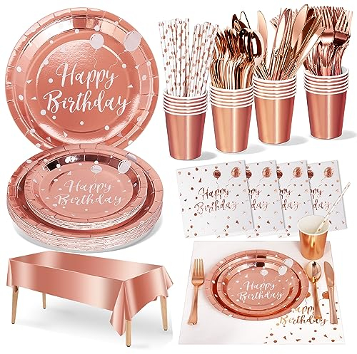Nkaiso Partygeschirr Kindergeburtstag,161 Pieces Rotgold Partygeschirr Set mit Becher Servietten Tischdecke Pappteller Geburtstag Mädchen Geburtstagsdeko für Party Geburtstag -20 Gäste