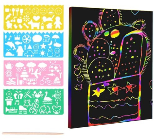 SIRLOMU 10 pcs Carnet de Dessin Magique, Papier à Gratter Enfants, 4 Modèles de Dessin, 1 Brosse, Carnet de Grattage, Papier Magique à Gratter, Carnet de Notes Art de Grattage (A4) (Arc-en-Ciel)