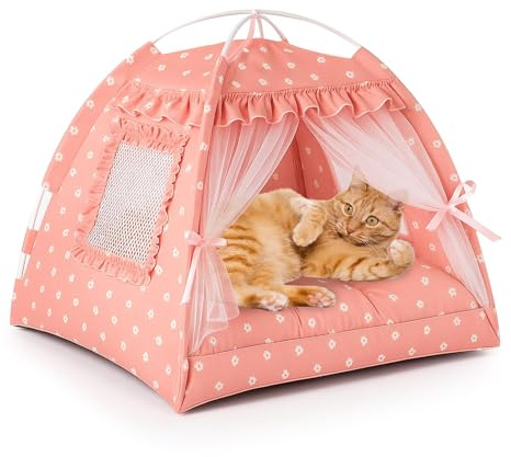 Chien Tente tipi pour Animaux, Maison Chien Interieur, Animaux Tente avec Coussin Lavable, Cabane Chat Interieur, Maison pour Chat (Dentelle Rose, L)