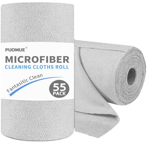 Puomue 55 Pack Microfiber Cleaning Cloth Roll, Tear Away Reusable Paper Towels, 11 x 9, Ultra Absorbent & Lint Free Microfiber Cloth for Cleaning Cars, Kitchen, Window, Home and Shop, Grey