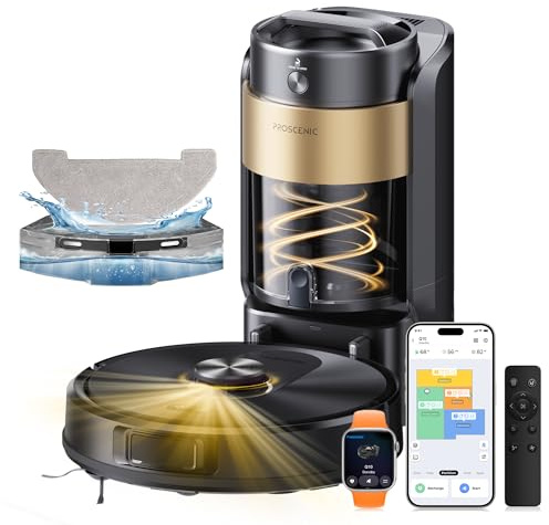 Proscenic Q20Plus Saugroboter mit Wischfunktion, 10000Pa 200min Staubsauger Roboter mit Beutellose Entleerungsstation, 3-in-1 Saug und Wischroboter für Tierhaare, Teppiche, Hartböden, Schwarz