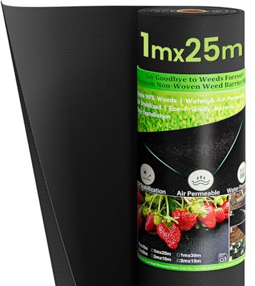 Dripex Toile de Paillage avec 50pcs de Piquets Contre Les Mauvais Herbes, Géotextile Non Tissé 1mx25m Toile de Paillage, 100g/m² Anti-Mauvaises Herbes, Perméable à l'eau, Résiste Rayons UV