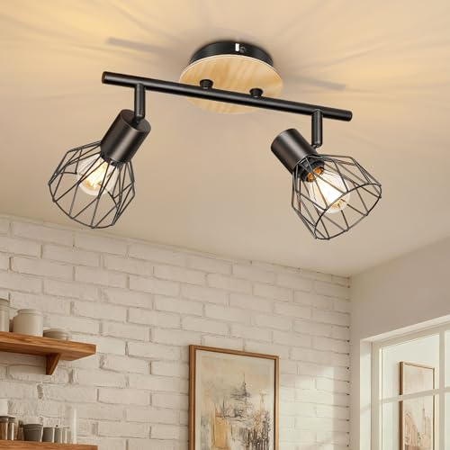 Ketom Plafonnier 2 Spot Noir, Luminaire Cuisine Plafond Bois, Plafonnier Orientable E14, Applique Murale Double Spot avec Grille Métallique, pour Interieur, Cuisine, Chambre, Salon, Sans Ampoules