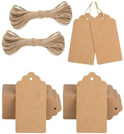 HUVZOR 100 PCS Etichette Regalo,Etichette in Carta Kraft,Tags Regalo con Spago in Juta per Matrimoni,Compleanni,San Valentino e Artigianato,Halloween, Natale, feste di compleanno,4CM *7CM