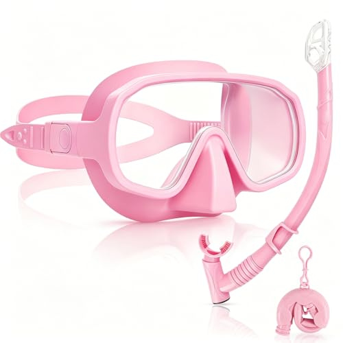 Qingning Set da Snorkeling con Boccaglio per Adulti, Maschera Subacquea con Panoramica 180°HD, Maschera Snorkeling Antiappannamento e Anti-Perdite, Maschera per Immersioni con Sacchetto a Rete, Rosa