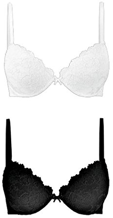 Cotonella Confezione da 2 Pezzi (Bianco E Nero) - Reggiseno Daniela Push UP in Coppa B. Preformato in Morbido Pizzo con Imbottitura al Gel. Linea Corsetteria in Pizzo Scopri Il Tuo Lato C