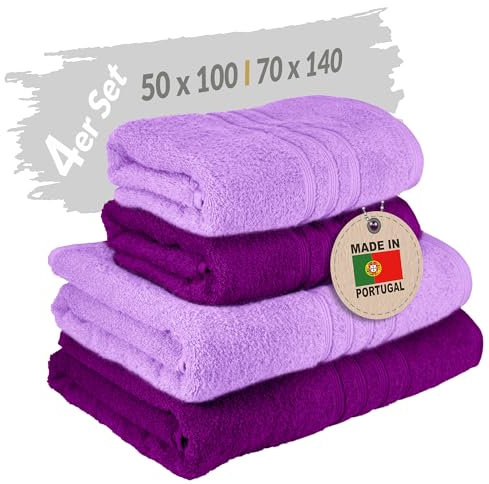 Lashuma 4 Stück Handtuch Set Lila, London Baumwolltücher 50x100 cm - Duschhandtuch 70x140 cm Flieder - Aubergine