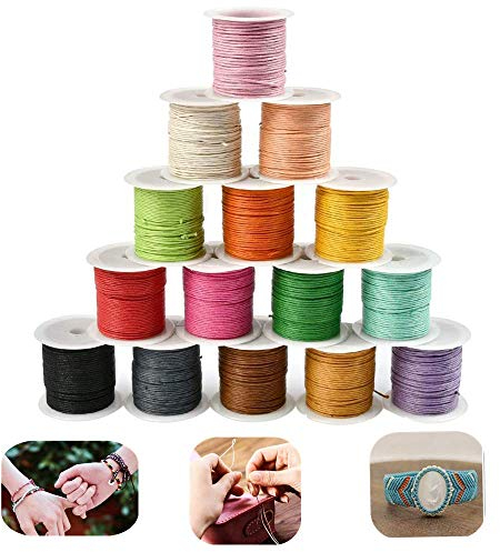 TOKERD 15 Colour Waxed Cord 1mm Craft Waxed Thread 150m Wax Cotton String Leather Sewing Thread Macrame Cord for Jewelry, Bracelets, Necklaces Craft Making