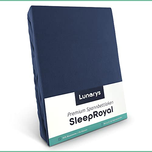 Lunarys® SleepRoyal Luxus Spannbettlaken 120x200cm - Dunkelblau - 250 g/m² Premium Bettlaken - 40 cm Steghöhe für hohe Matratzen, Boxspringbett & Matratze + Topper & Wasserbett - Stretch Jersey