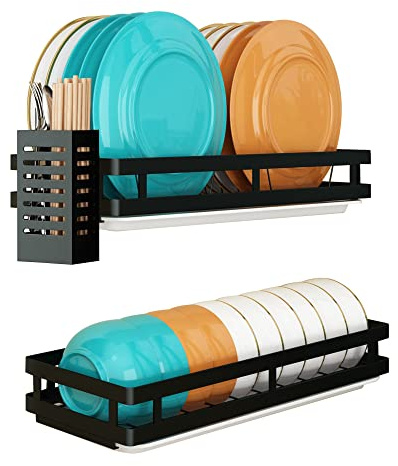 SUPFIRM Estante de secado de platos de acero inoxidable montado en la pared, cesta de almacenamiento de frutas y verduras con escurridor (2 niveles)