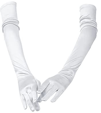 Andiker Lange Abendhandschuhe, Opern-Ellenbogen-Satin-Handschuhe, Vintage-Stil, formelle Kostüm-Handschuhe, Damen-Fäustlinge für Hochzeit, Abschlussball, Opernparty, weiß, One size