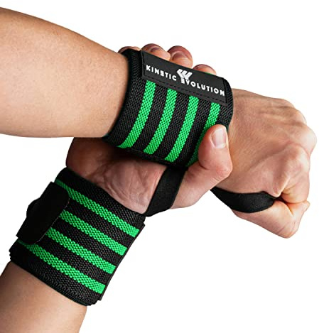 KINETIC EVOLUTION Sport Handgelenkbandagen [1 Paar] Wrist Wraps. Ideal für Bodybuilding, Fitness, Gewichtheben, CrossFit, Powerlifting, Training (Grün Streifen)