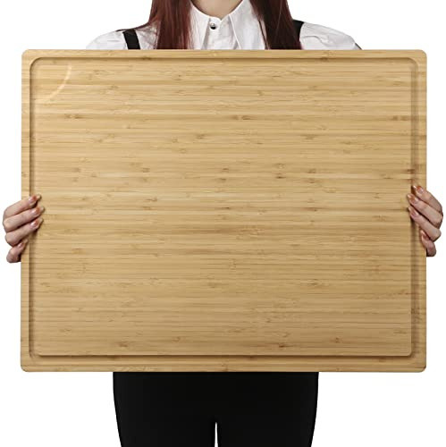 BAMOTTO CRAFTBAMBOO XXL Extra Large 100% Organic Bamboo Cutting Board 24x18 - Butcher Block Chopping/Carving Board with Handle & Juice Groove for Turkey, Meat, Vegetables, BBQ