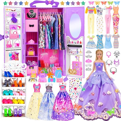 iBayda 91pcs 11.5 Inch Girl Doll with Clothes, Accessories and Closet - Princess Gowns, Fashion Dresses, Outfits, Swimsuits, Shoes, Hangers - Dress Up Toys for Girls, Kids, Toddlers (Doll Included)