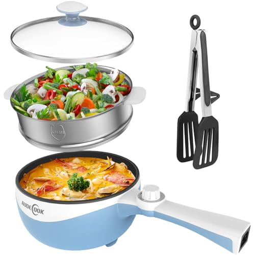 Audecook Olla Caliente Eléctrica con Vaporera, Mini Sartén Eléctrica de 1,7 L Sartén Antiadherente, Olla Rápida de Ramen Multicocción de Viaje para Filete/Sopa/Huevo/Avena/Fideos (Azul)