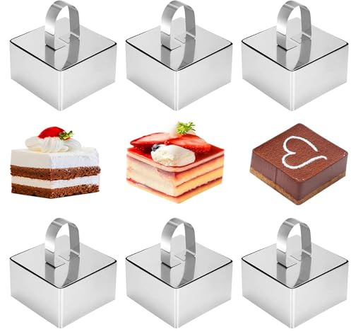 Whcctl 6 Pezzi Anelli da Dessert Quadrati, 8cm Anello per Torte, Acciaio Inossidabile Anello per Torte, Coppapasta con Coperchio, per DIY Torte Mousse Dessert Biscotti(Quadrati)