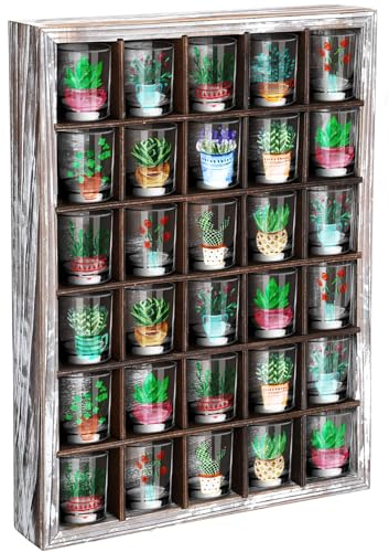 DoubleFill Retro Wooden Shot Glass Display Case - 17'' x 12'' Wall Mounted Bar Cabinet Shelf With 30 Slots - Rustic Wood Thimble Holder