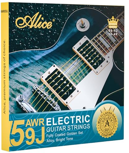 Alice Coated Electric Guitar Strings with Alloy Steel Winding - Gold Polished for Smooth Feel and Warm, Bright Tone, Ball End with String Label - Easy to Install (Super Light, 09-42)
