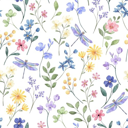 VaryFloral Carta da parati autoadesiva in vinile con libellula viola, 30,5 x 300 cm, motivo: fiori selvatici colorati, carta da parati per acquerelli, impermeabile, adesivo in vinile per mobili