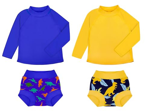 BIG ELEPHANT 2 Pcs Rash Guard Swim Diapers Sets for Unisex Baby, Boys Girls Long Sleeve Swimsuit with UPF 50+ Sun Protection Yellow/Blue