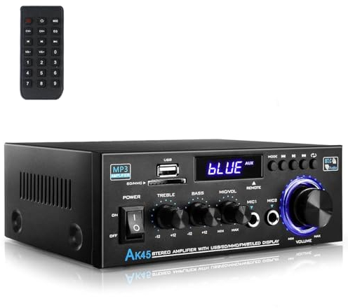 Romicta Amplificador Audio HiFi Estéreo 600W 2 Canales, Bluetooth 5.0, 12V/220V, Pantalla LCD, Alta Fidelidad, Radio FM Portátil, Entrada SD/USB, para Hogar o Coche