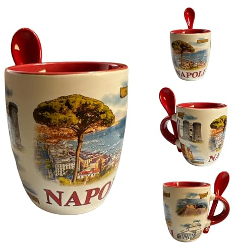 GMM Tazzina Napoli da Caffè in Ceramica con Cucchiaino, Decorativa Souvenir Stampa Napoli Capacità 70ml (7cm)