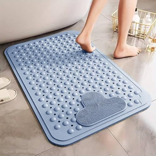 Bath Tub & Shower Mat with Foot Massage, Wet Floor Non-Slip Mat for Elderly & Kids Bathroom, Longer Bathtub Mats Strong Suction Cups and Drain Holes - Blue - 40 x 70 cm