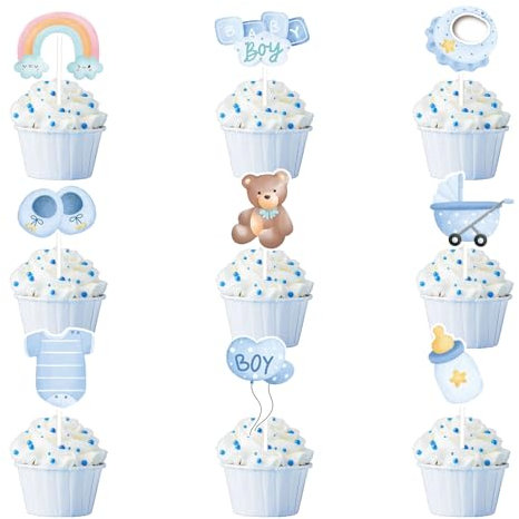 36 Pezzi Baby Boy Decorazioni Torta, Baby Shower Cupcake Topper, Cake Topper Battesimo, Baby Shower Boy Decorazione Torta, per baby Shower Battesimi Gender Reveal Birthday Party Supplies