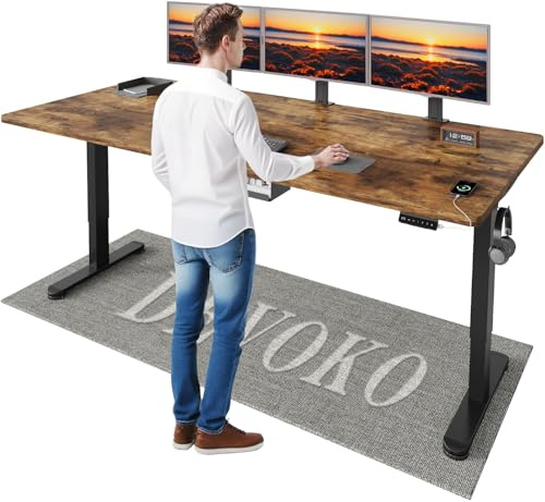 Devoko Höhenverstellbarer Schreibtisch mit 2 Motoren，25mm Einteilige Tischplatte, 200x80 cm Mobiler Elektrisch Computertisch mit Kabel Management, Vintagebraun - Perfekte Ergonomie für Dein Büro